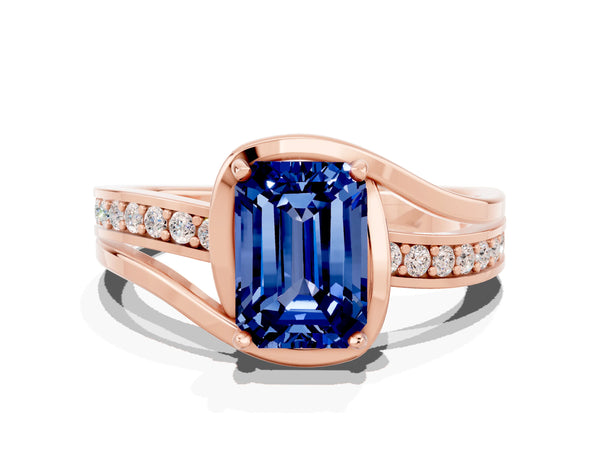 Rose gold Emerald Cut Blue Sapphire Solitaire Ring with Split Shank and Prong Setting