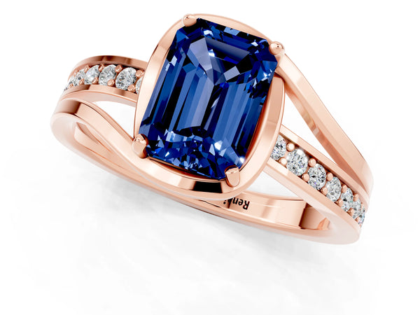 Rose gold Emerald Cut Blue Sapphire Solitaire Ring with Split Shank and Prong Setting