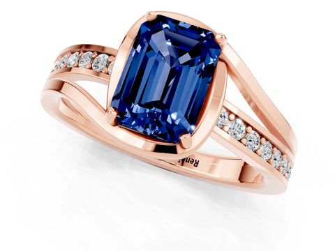 Rose gold Emerald Cut Blue Sapphire Solitaire Ring with Split Shank and Prong Setting_1