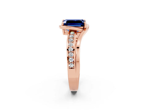 Rose gold Emerald Cut Blue Sapphire Solitaire Ring with Split Shank and Prong Setting_2