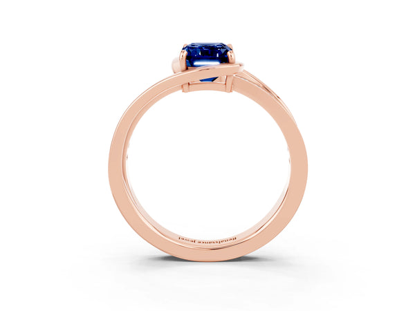 Rose gold Emerald Cut Blue Sapphire Solitaire Ring with Split Shank and Prong Setting