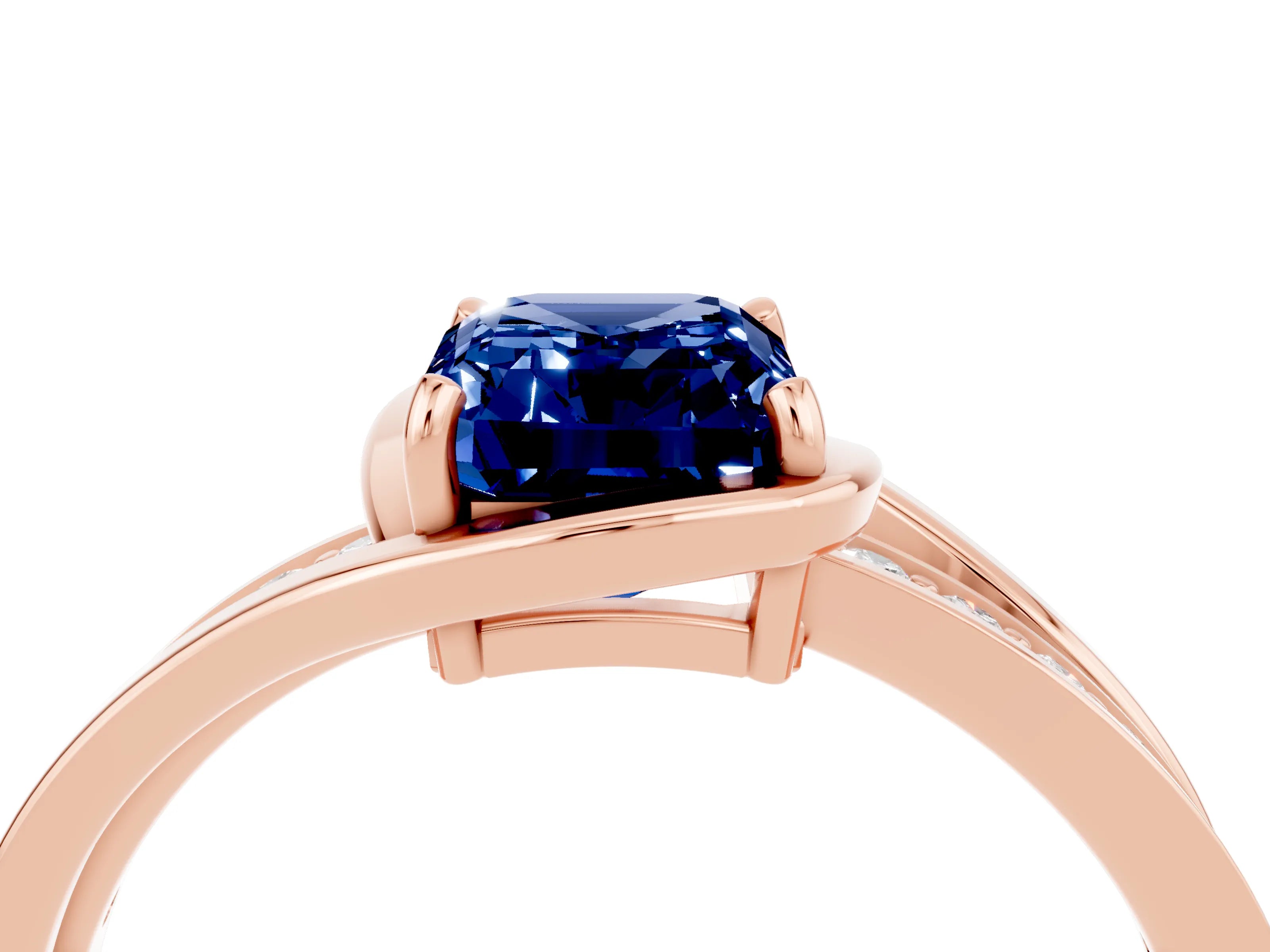 Rose gold Emerald Cut Blue Sapphire Solitaire Ring with Split Shank and Prong Setting_4