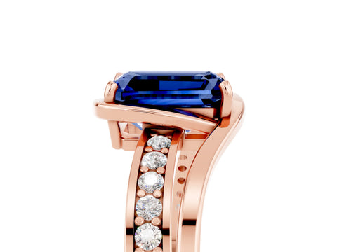 Rose gold Emerald Cut Blue Sapphire Solitaire Ring with Split Shank and Prong Setting_5
