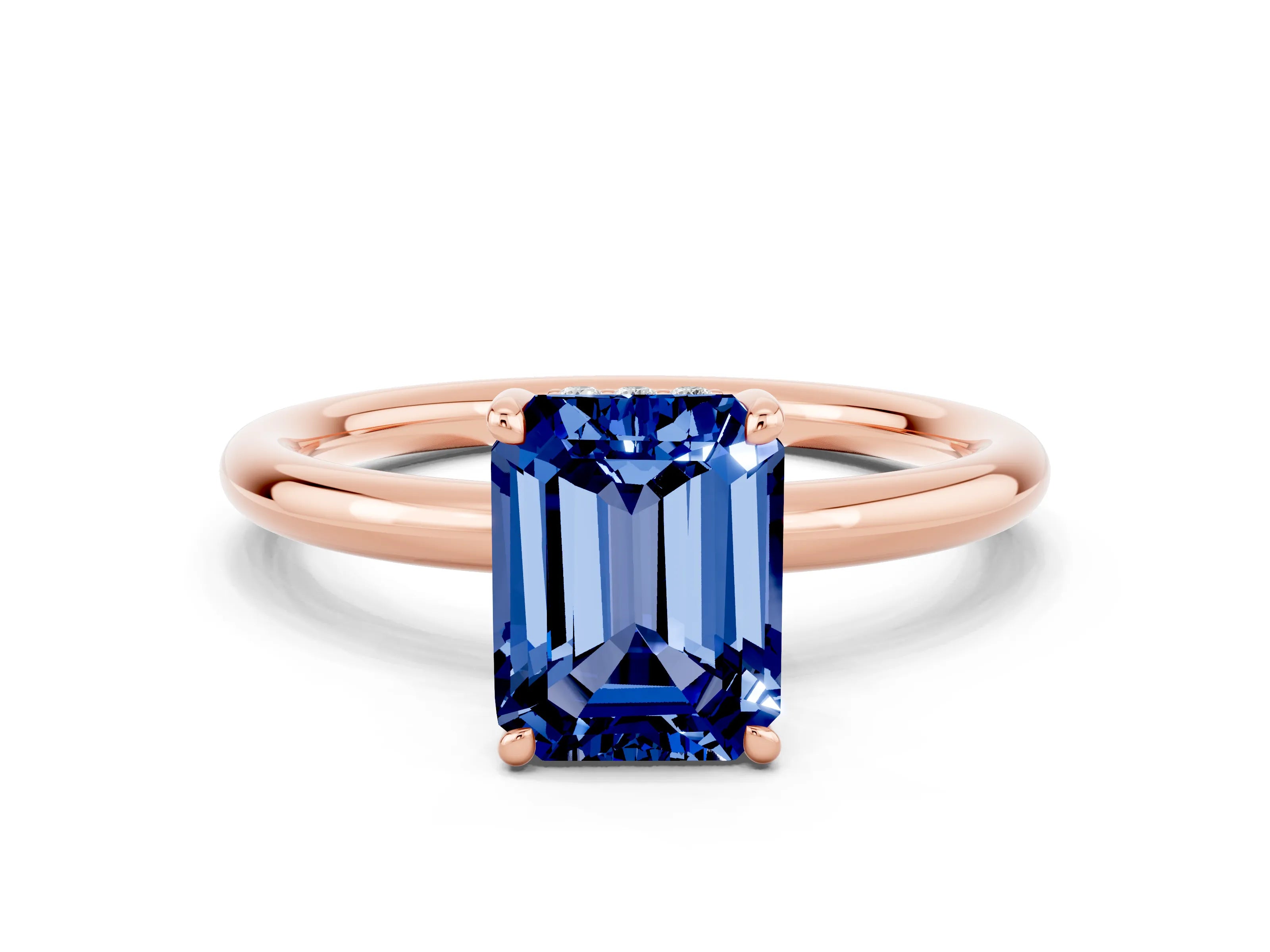 Rose gold Emerald Cut Blue Sapphire Solitaire Ring with Thin Band and Four-Prong Setting_12