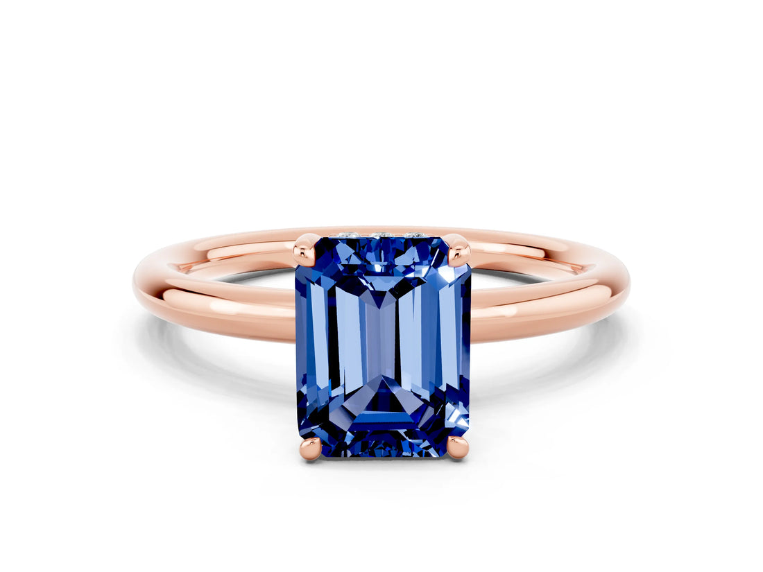 Rose gold Emerald Cut Blue Sapphire Solitaire Ring with Thin Band and Four-Prong Setting_12