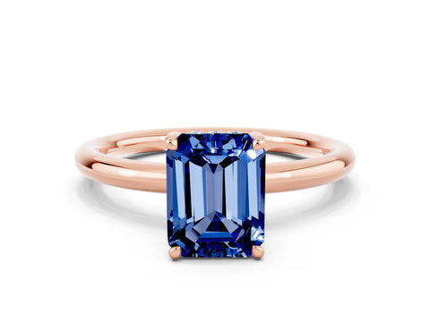 Rose gold Emerald Cut Blue Sapphire Solitaire Ring with Thin Band and Four-Prong Setting_12