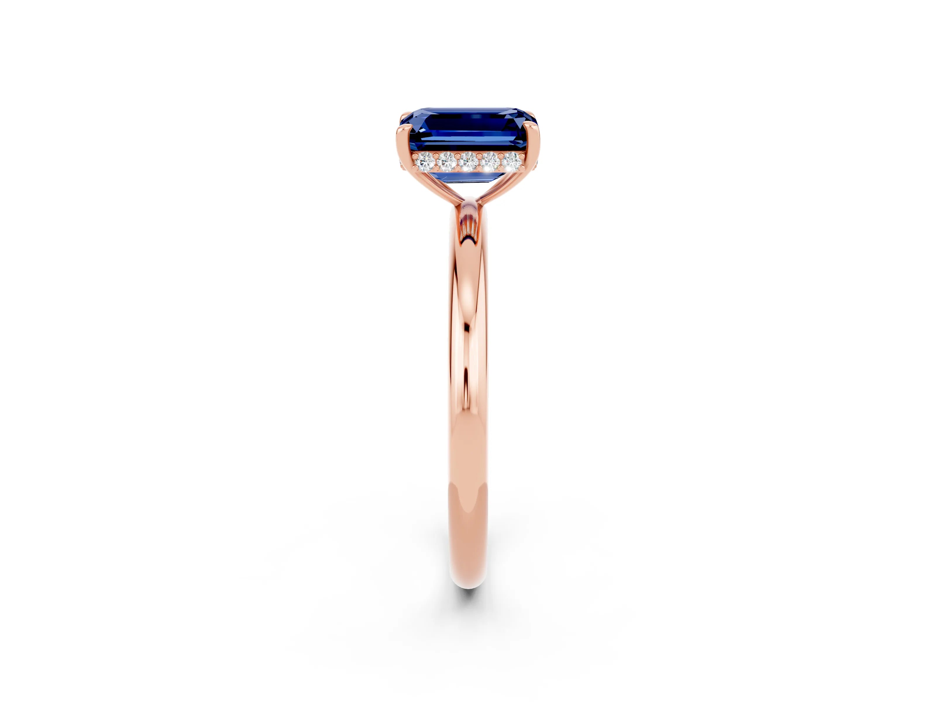 Rose gold Emerald Cut Blue Sapphire Solitaire Ring with Thin Band and Four-Prong Setting_14