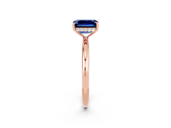 Rose gold Emerald Cut Blue Sapphire Solitaire Ring with Thin Band and Four-Prong Setting