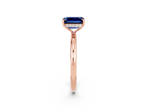 Rose gold Emerald Cut Blue Sapphire Solitaire Ring with Thin Band and Four-Prong Setting_14