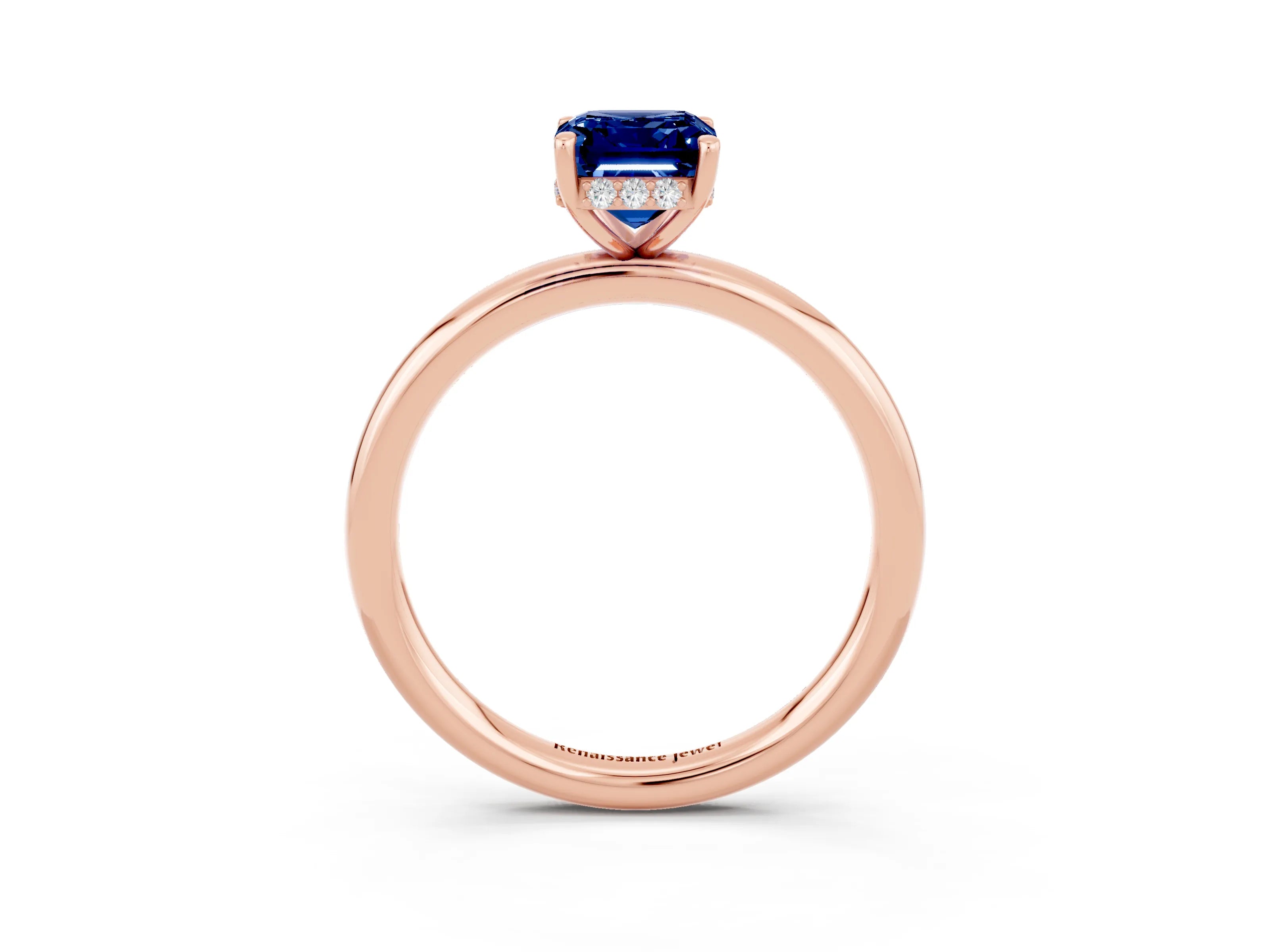 Rose gold Emerald Cut Blue Sapphire Solitaire Ring with Thin Band and Four-Prong Setting_15