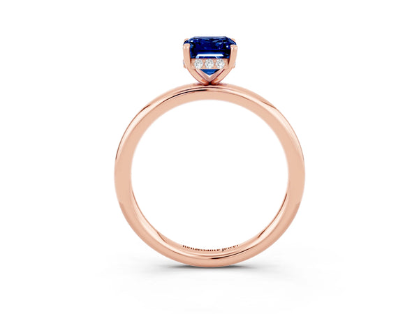 Rose gold Emerald Cut Blue Sapphire Solitaire Ring with Thin Band and Four-Prong Setting
