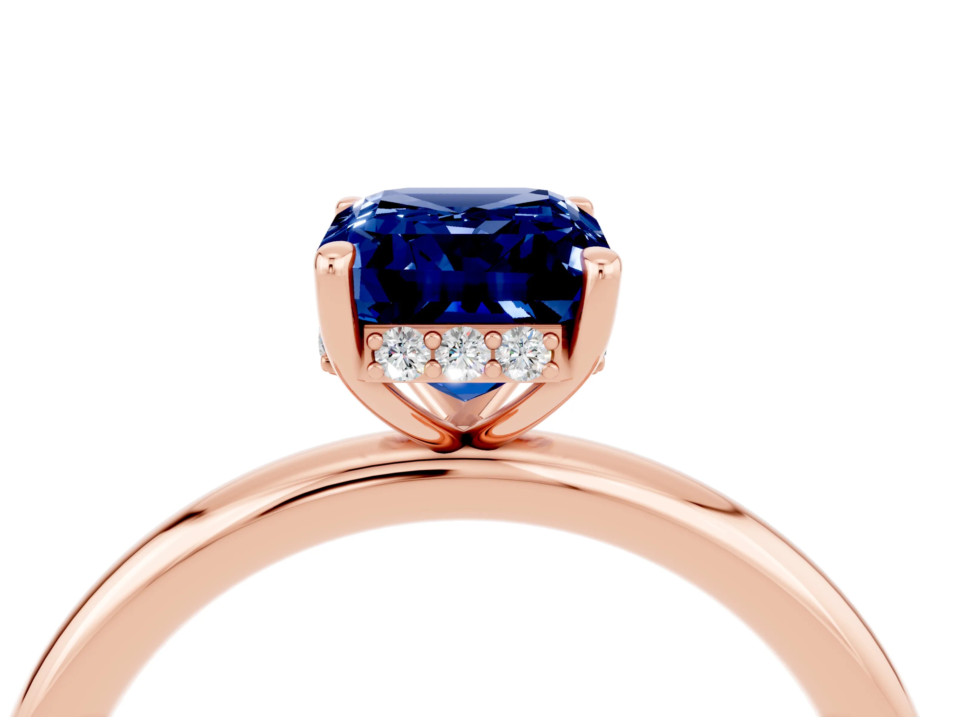 Rose gold Emerald Cut Blue Sapphire Solitaire Ring with Thin Band and Four-Prong Setting_16