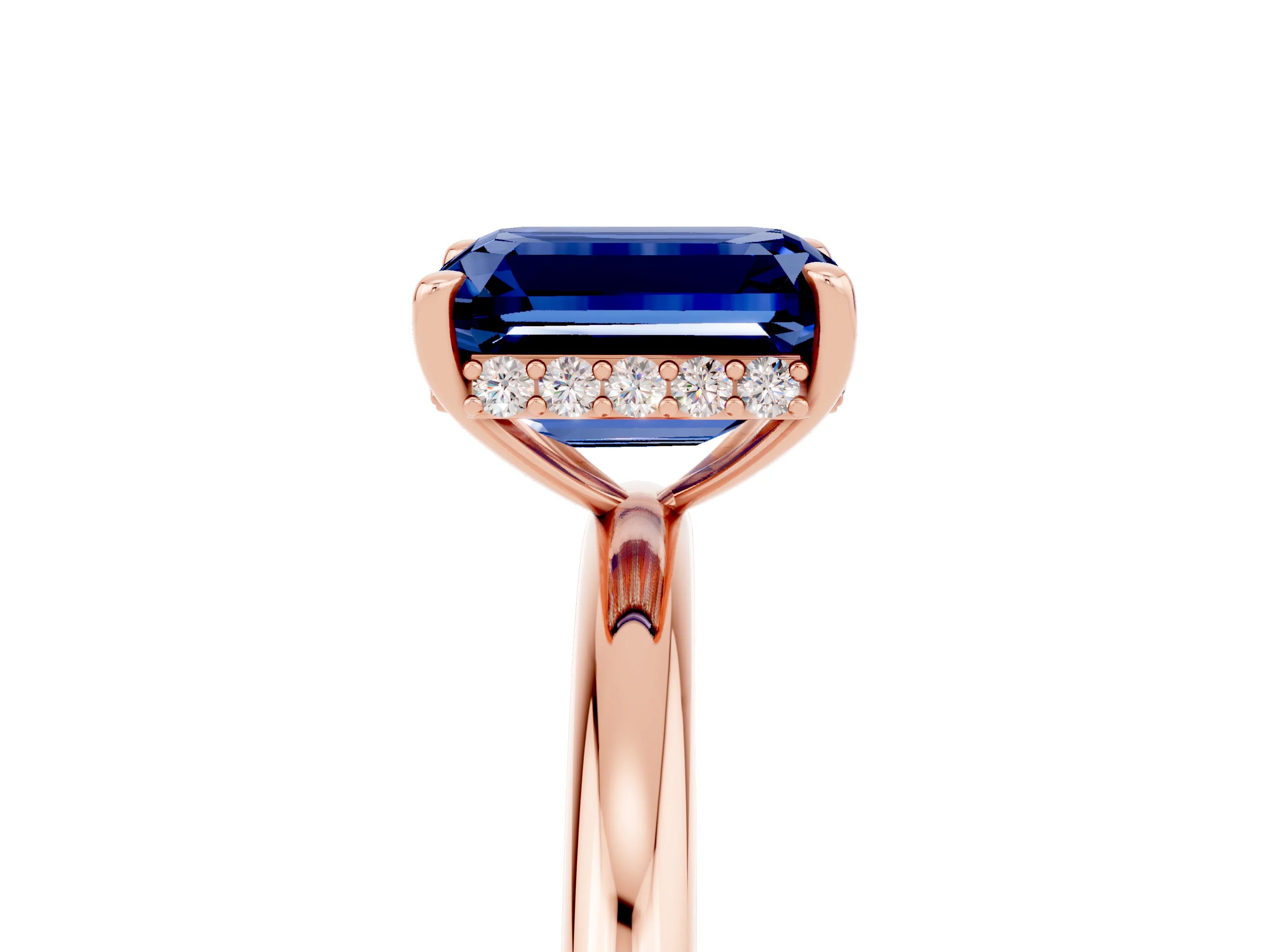Rose gold Emerald Cut Blue Sapphire Solitaire Ring with Thin Band and Four-Prong Setting_17