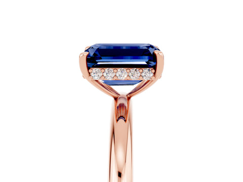 Rose gold Emerald Cut Blue Sapphire Solitaire Ring with Thin Band and Four-Prong Setting_17