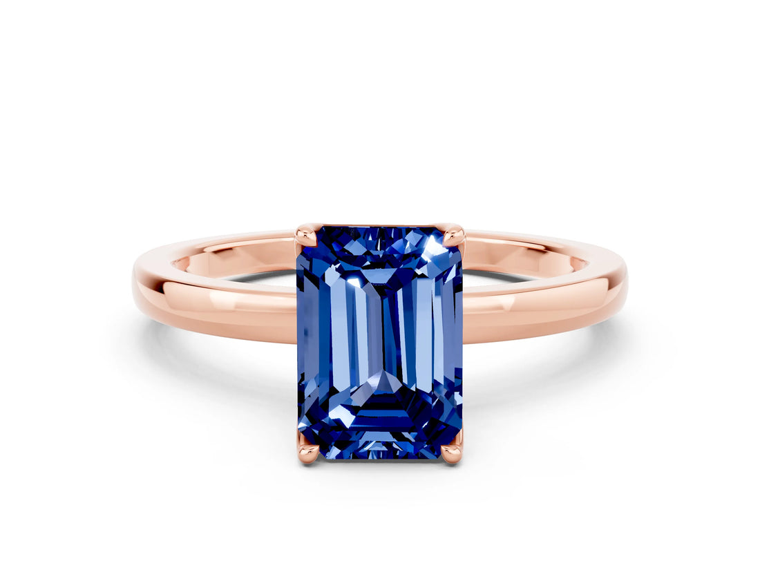 Rose gold Emerald Cut Blue Sapphire Solitaire Ring with Thin Band and Prong Setting_12