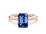 Rose gold Emerald Cut Blue Sapphire Solitaire Ring with Thin Band and Prong Setting_12