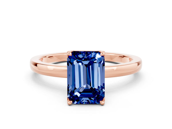 Rose gold Emerald Cut Blue Sapphire Solitaire Ring with Thin Band and Prong Setting