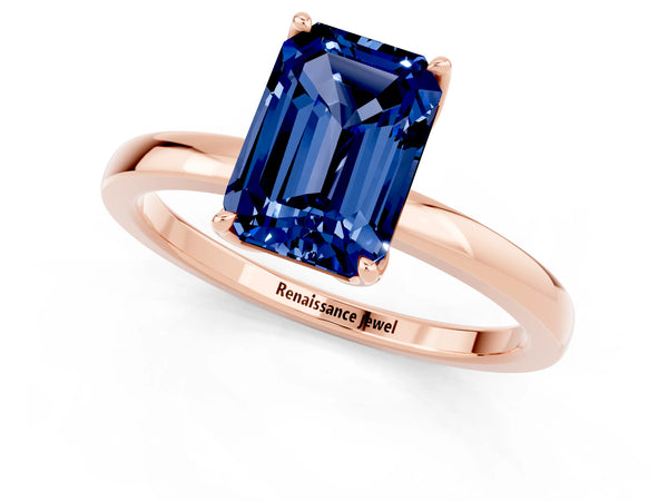 Rose gold Emerald Cut Blue Sapphire Solitaire Ring with Thin Band and Prong Setting