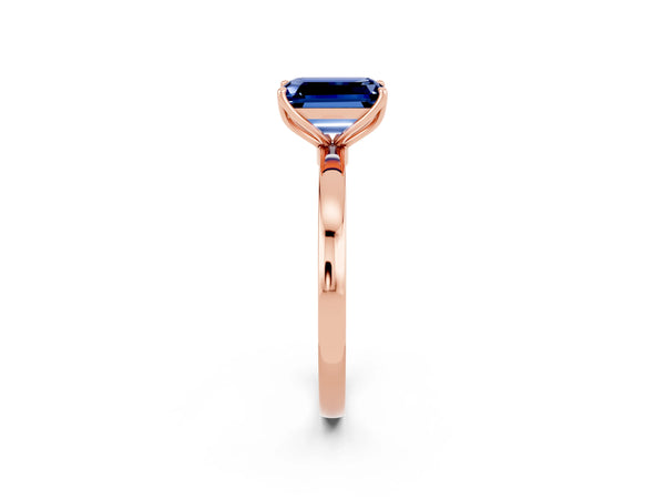 Rose gold Emerald Cut Blue Sapphire Solitaire Ring with Thin Band and Prong Setting