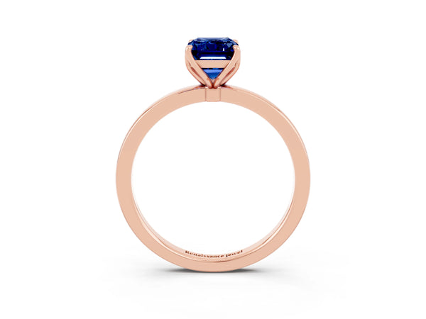 Rose gold Emerald Cut Blue Sapphire Solitaire Ring with Thin Band and Prong Setting