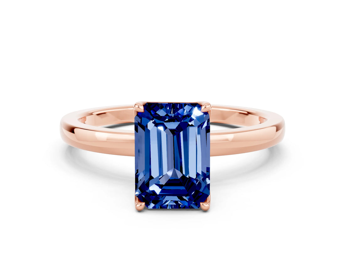 Rose gold Emerald Cut Blue Sapphire Solitaire Ring with Thin Band and Prong Setting_24