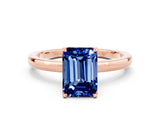 Rose gold Emerald Cut Blue Sapphire Solitaire Ring with Thin Band and Prong Setting_24