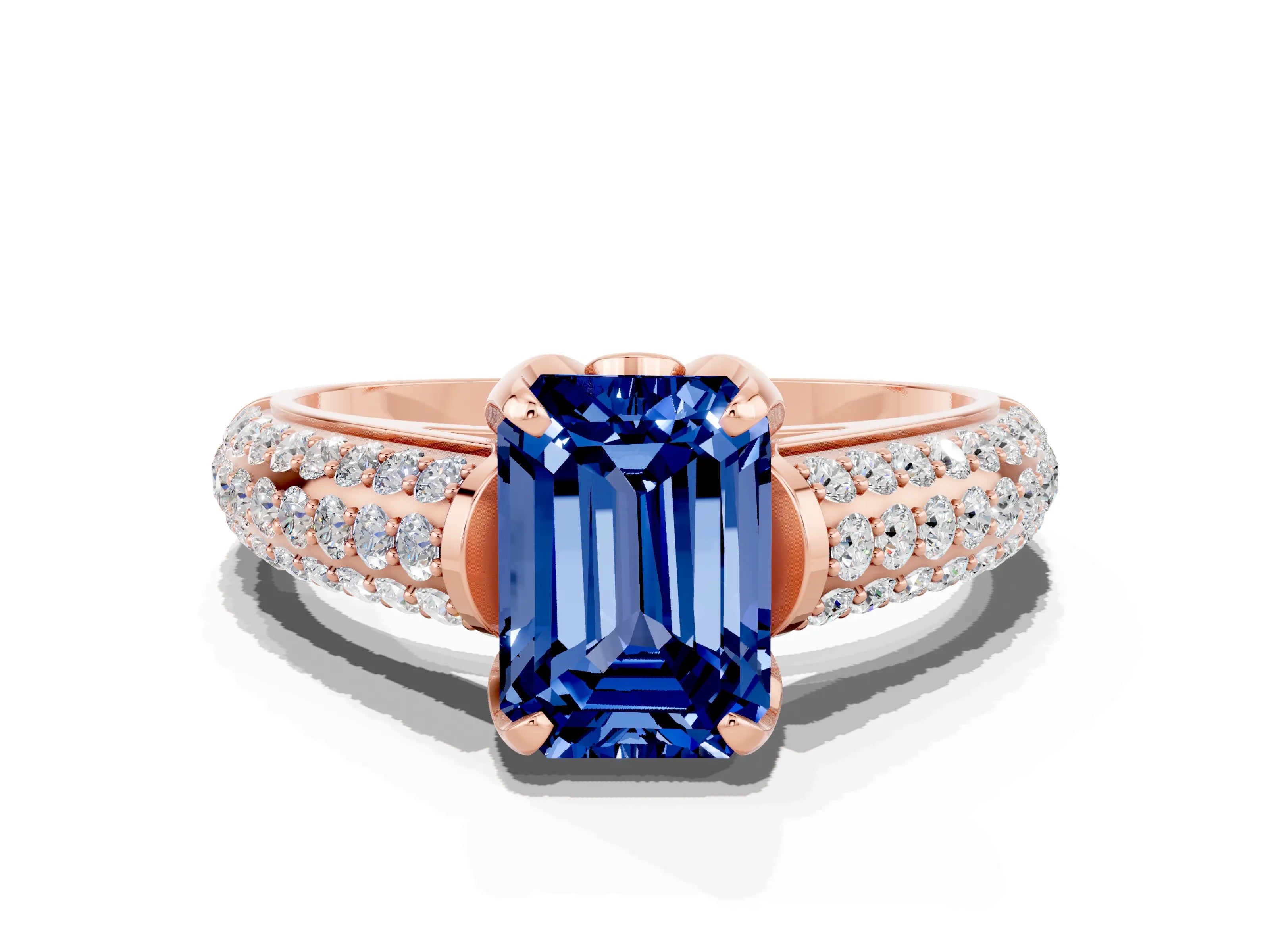 Rose gold Emerald Cut Blue Sapphire Solitaire Ring with Three-Row Pavé Band and Four-Prong Setting_12