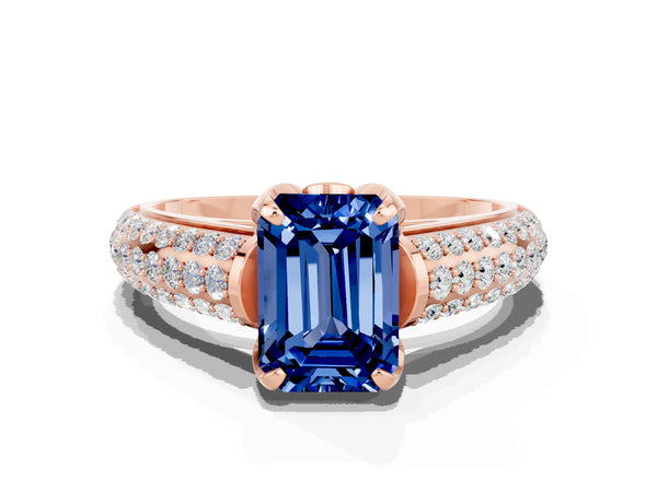 Rose gold Emerald Cut Blue Sapphire Solitaire Ring with Three-Row Pavé Band and Four-Prong Setting