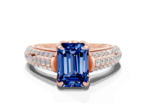 Rose gold Emerald Cut Blue Sapphire Solitaire Ring with Three-Row Pavé Band and Four-Prong Setting_12