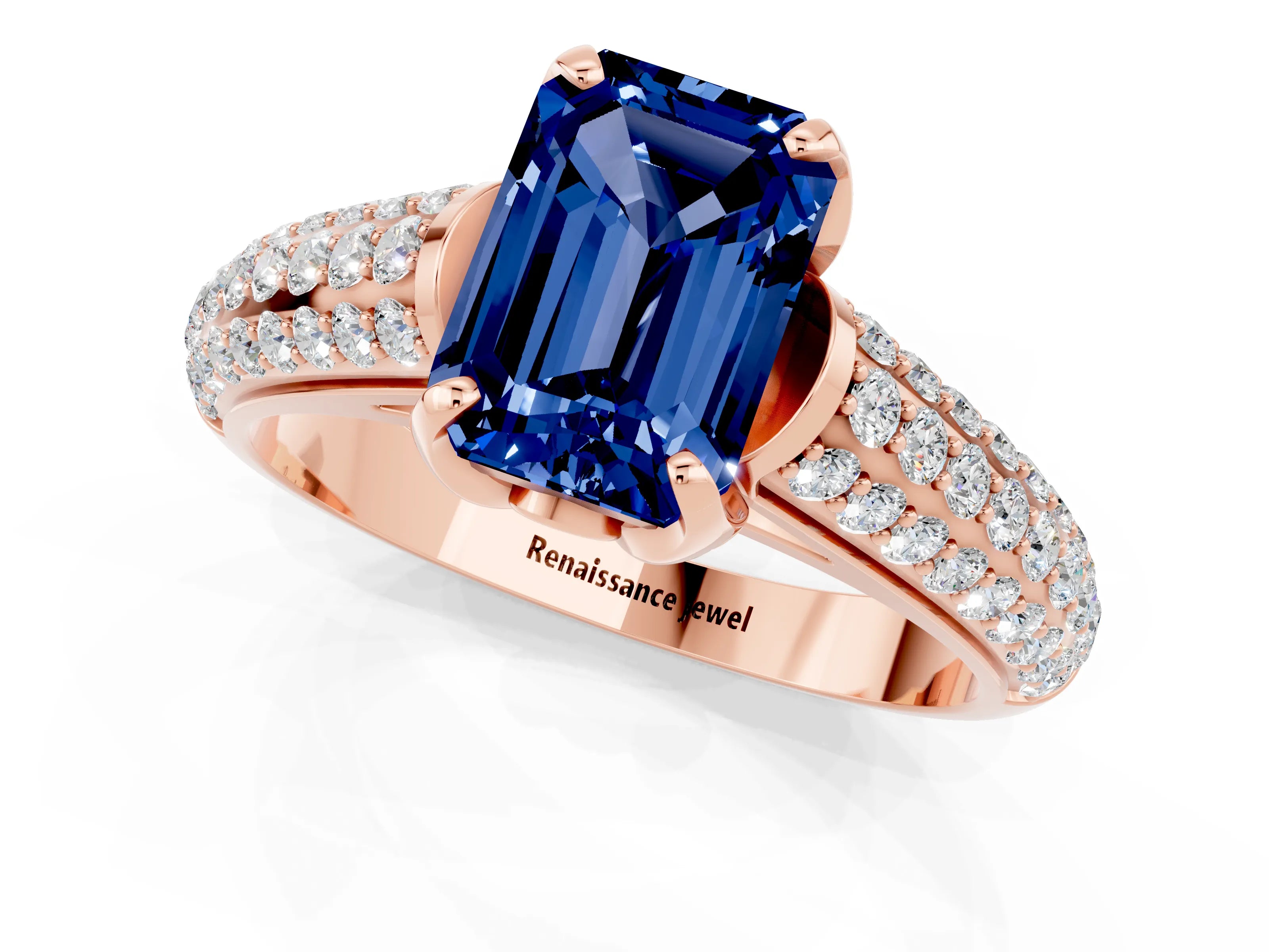 Rose gold Emerald Cut Blue Sapphire Solitaire Ring with Three-Row Pavé Band and Four-Prong Setting_13
