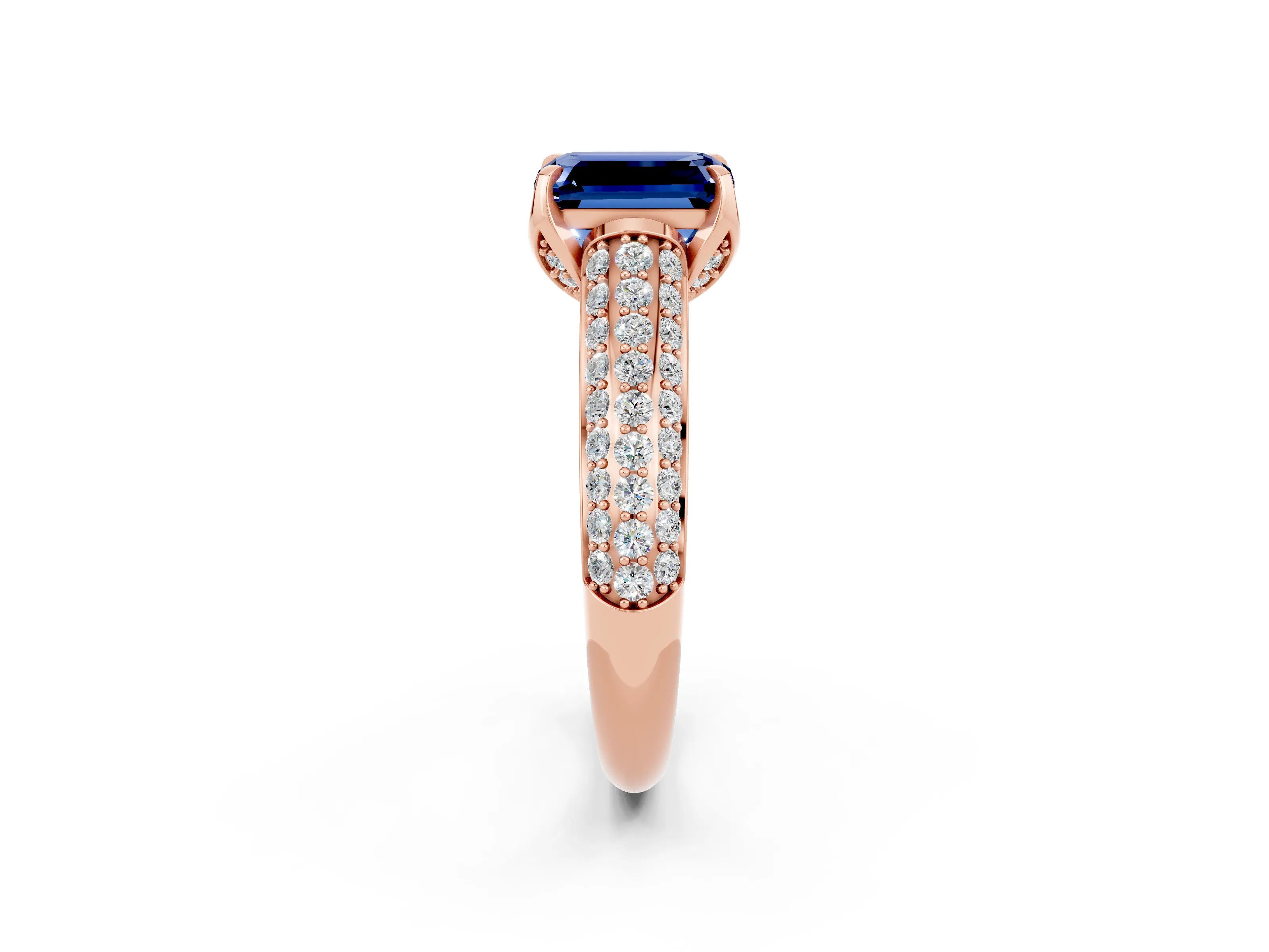 Rose gold Emerald Cut Blue Sapphire Solitaire Ring with Three-Row Pavé Band and Four-Prong Setting_14