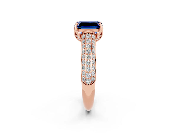 Rose gold Emerald Cut Blue Sapphire Solitaire Ring with Three-Row Pavé Band and Four-Prong Setting