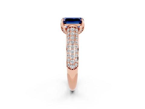 Rose gold Emerald Cut Blue Sapphire Solitaire Ring with Three-Row Pavé Band and Four-Prong Setting_14
