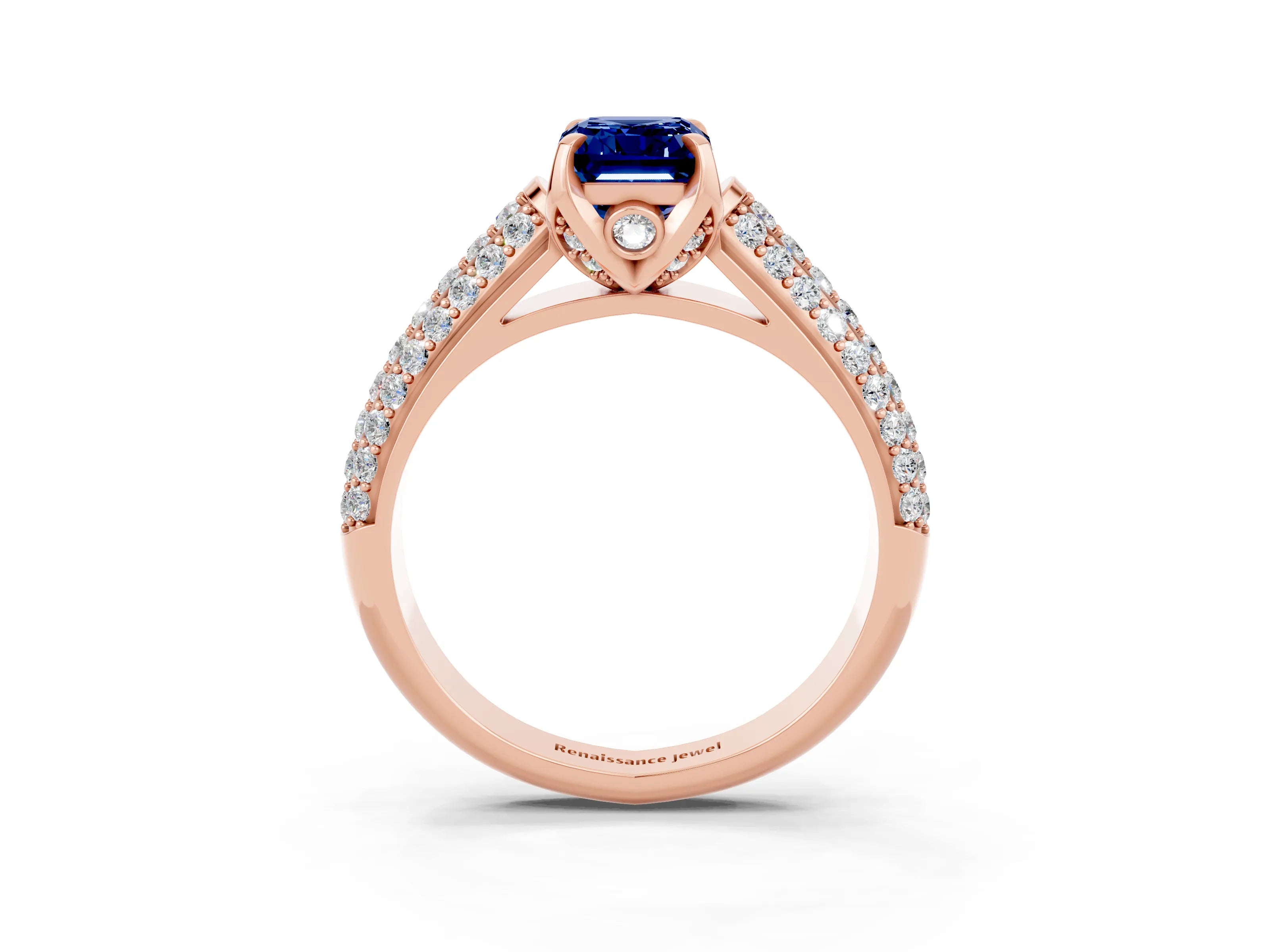 Rose gold Emerald Cut Blue Sapphire Solitaire Ring with Three-Row Pavé Band and Four-Prong Setting_15