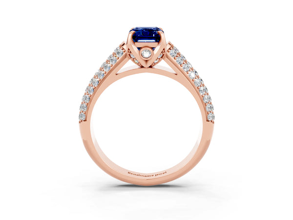 Rose gold Emerald Cut Blue Sapphire Solitaire Ring with Three-Row Pavé Band and Four-Prong Setting