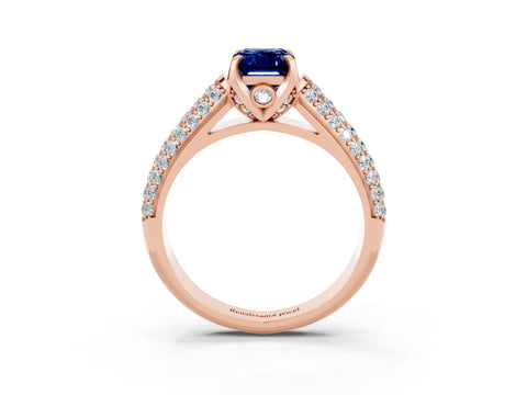 Rose gold Emerald Cut Blue Sapphire Solitaire Ring with Three-Row Pavé Band and Four-Prong Setting_15