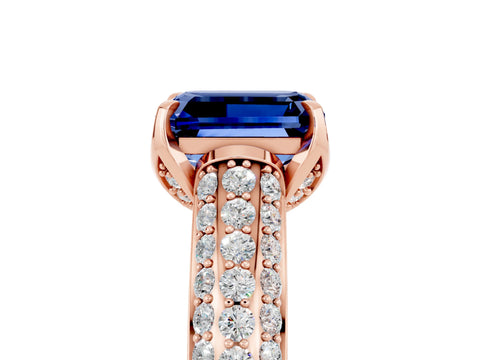 Rose gold Emerald Cut Blue Sapphire Solitaire Ring with Three-Row Pavé Band and Four-Prong Setting_17