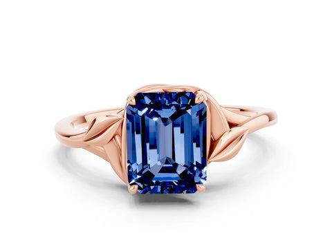 Rose gold Emerald Cut Blue Sapphire Solitaire Ring with Twist Band and Four-Prong Setting_24