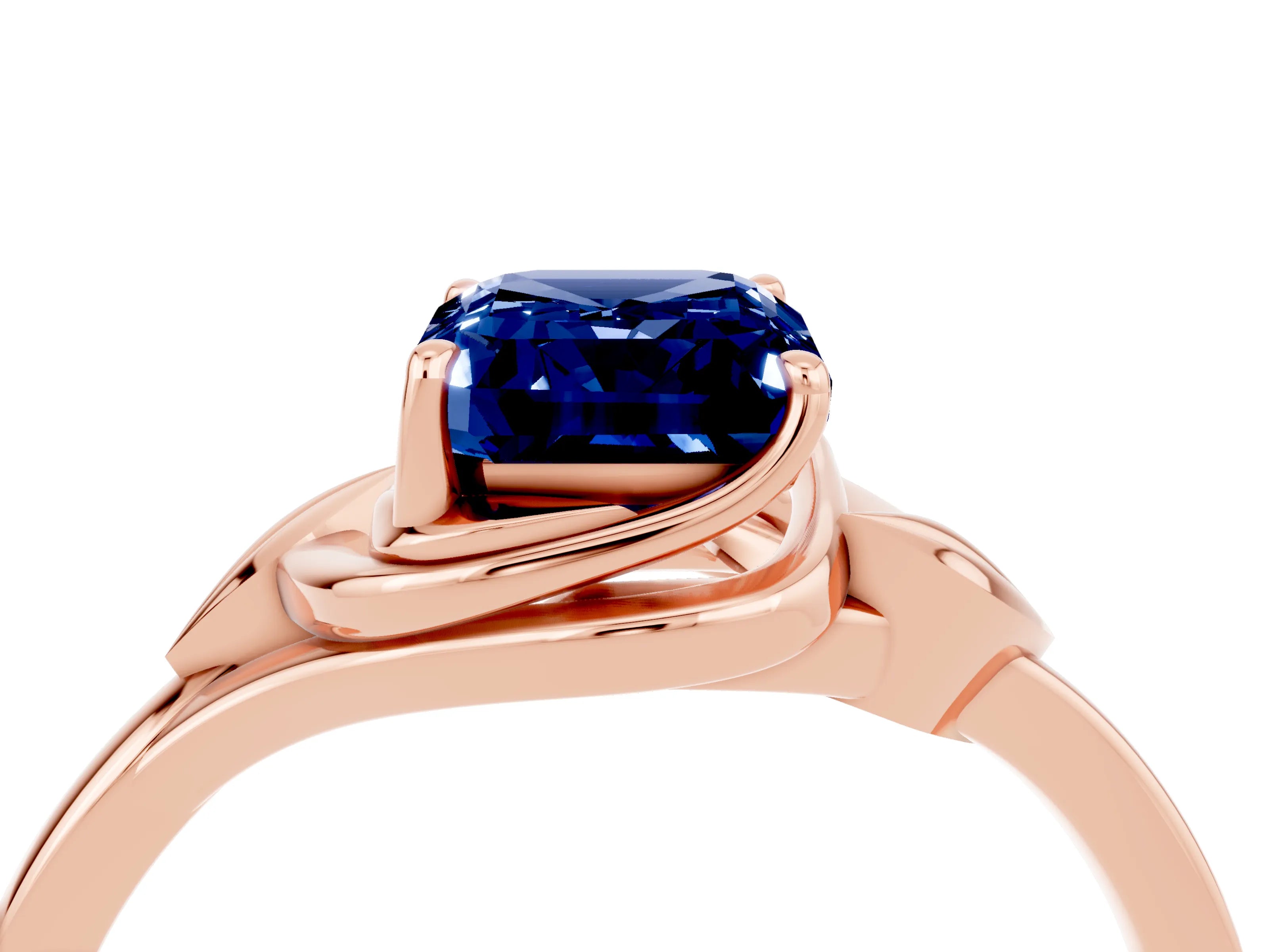 Rose gold Emerald Cut Blue Sapphire Solitaire Ring with Twist Band and Four-Prong Setting_28