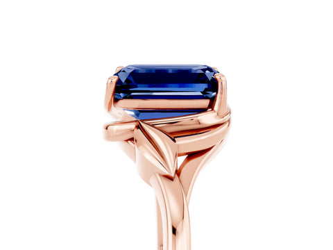 Rose gold Emerald Cut Blue Sapphire Solitaire Ring with Twist Band and Four-Prong Setting_29
