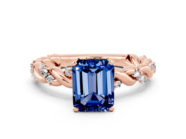 Rose gold Emerald Cut Blue Sapphire Solitaire Ring with Twisted Band and Pavé Accents