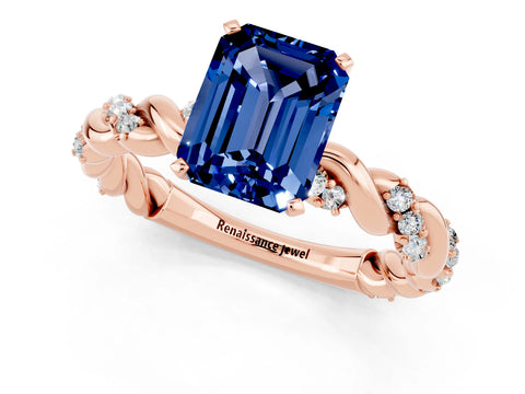 Rose gold Emerald Cut Blue Sapphire Solitaire Ring with Twisted Band and Pavé Accents_1