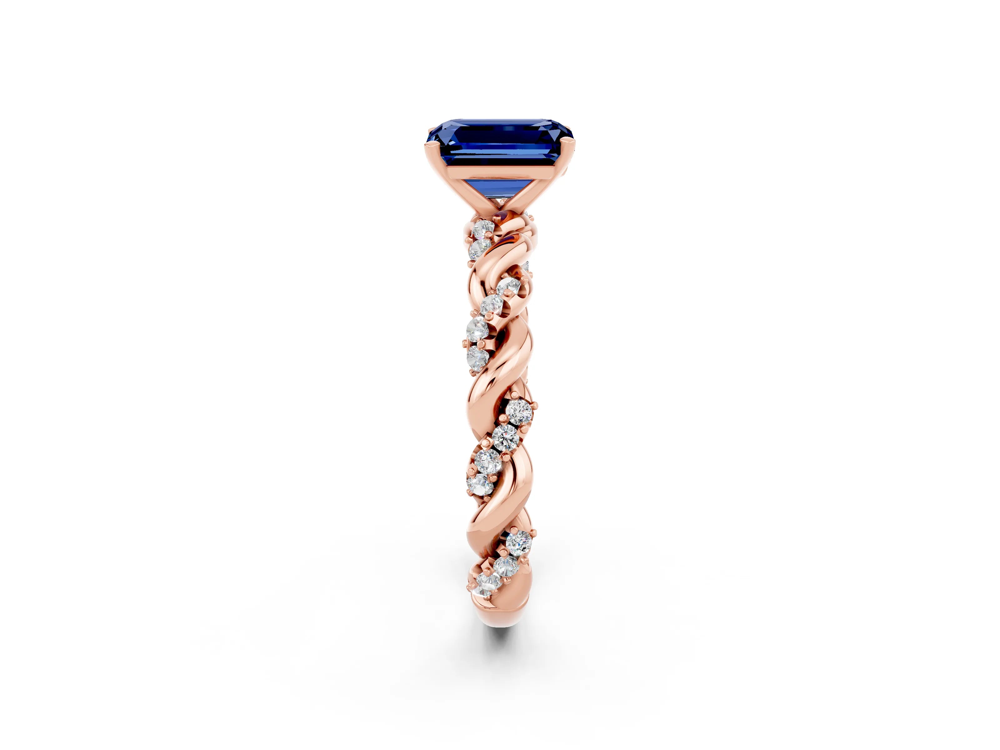 Rose gold Emerald Cut Blue Sapphire Solitaire Ring with Twisted Band and Pavé Accents_2