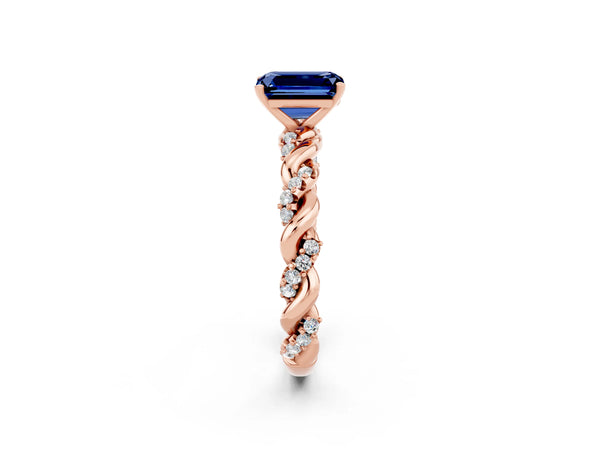 Rose gold Emerald Cut Blue Sapphire Solitaire Ring with Twisted Band and Pavé Accents