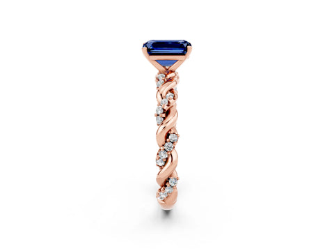 Rose gold Emerald Cut Blue Sapphire Solitaire Ring with Twisted Band and Pavé Accents_2