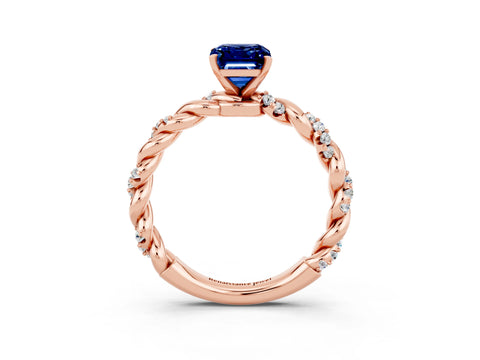 Rose gold Emerald Cut Blue Sapphire Solitaire Ring with Twisted Band and Pavé Accents_3