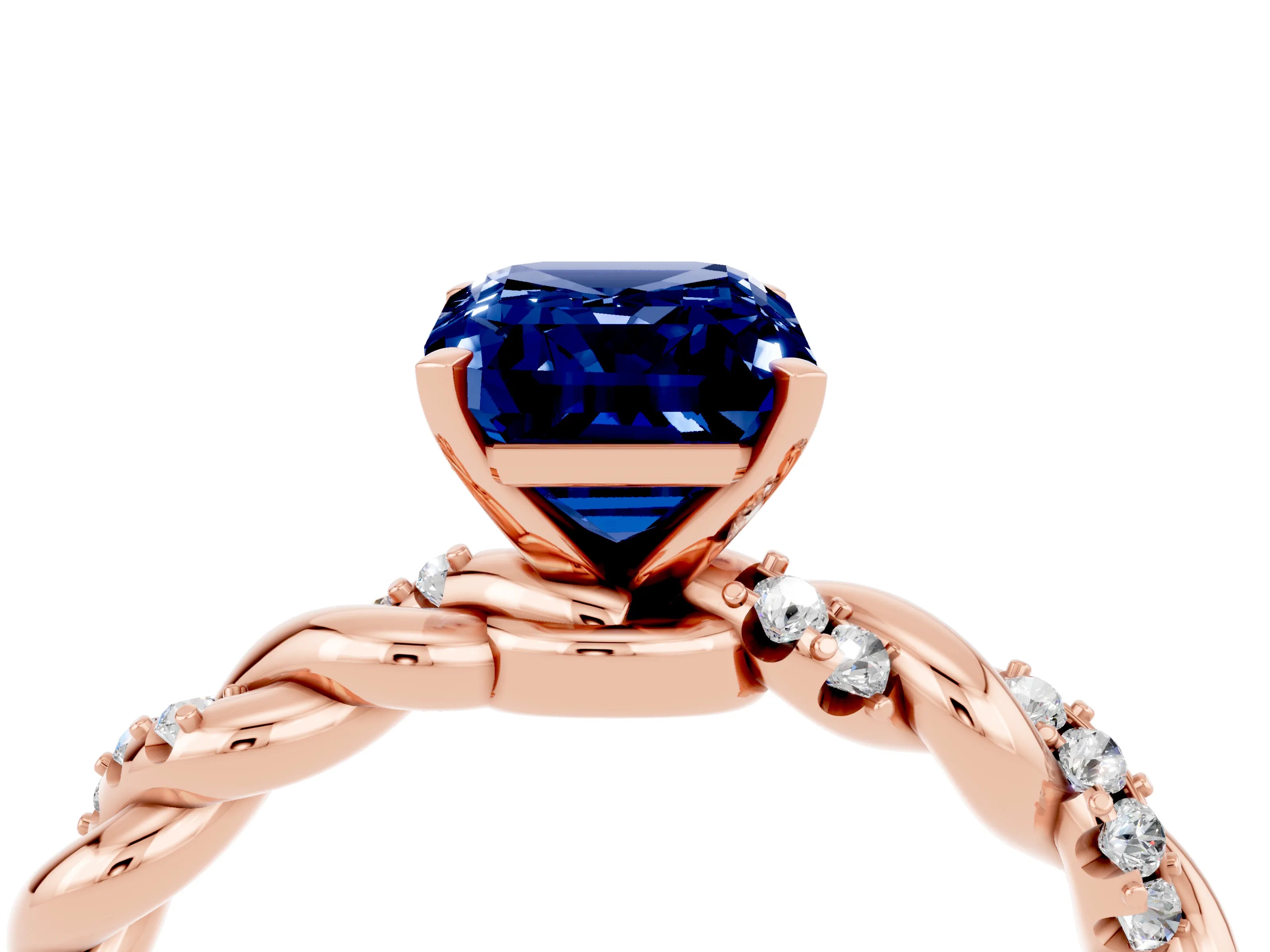 Rose gold Emerald Cut Blue Sapphire Solitaire Ring with Twisted Band and Pavé Accents_4
