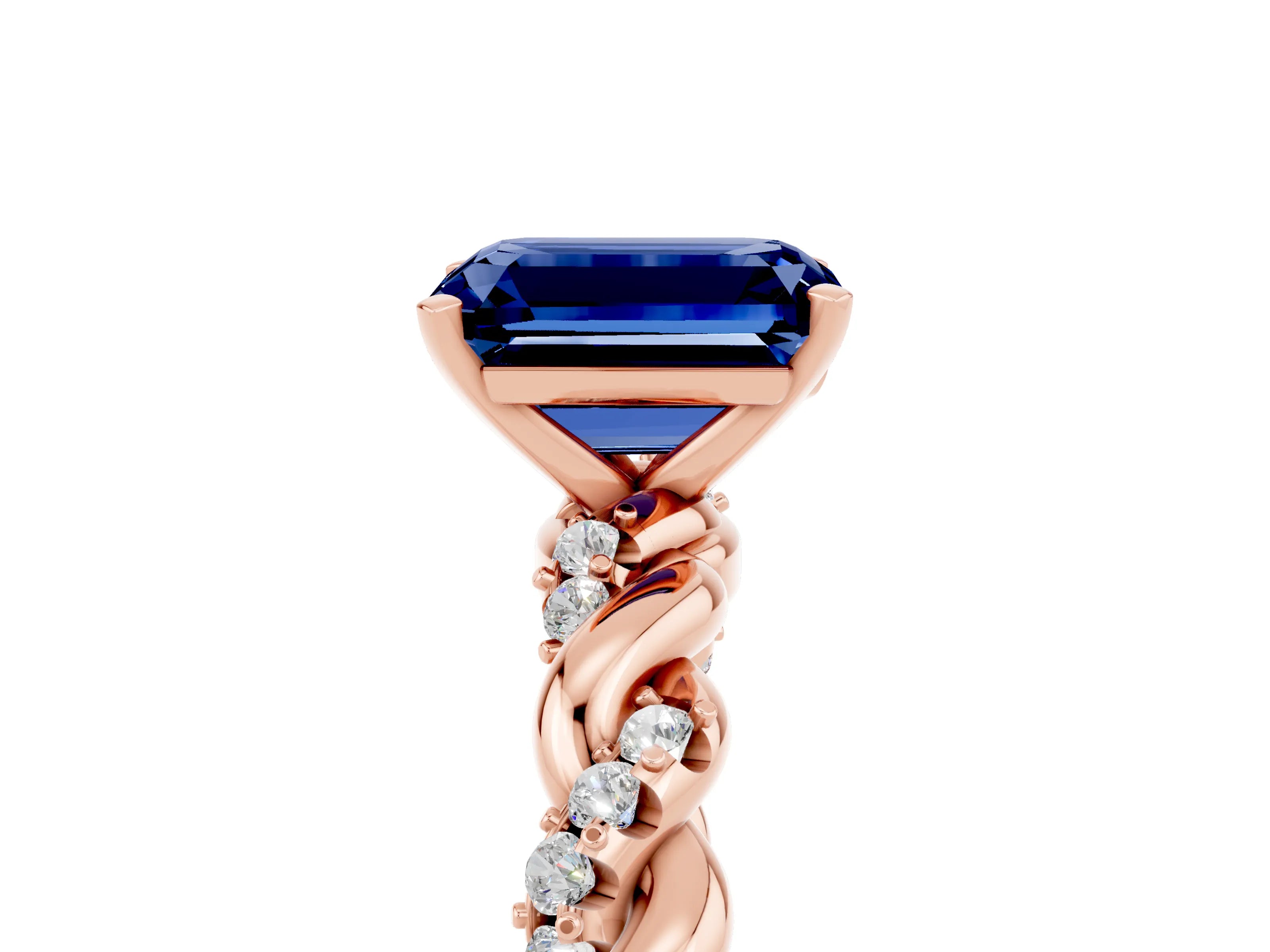 Rose gold Emerald Cut Blue Sapphire Solitaire Ring with Twisted Band and Pavé Accents_5