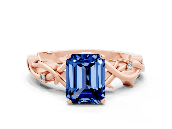 Rose gold Emerald Cut Blue Sapphire Solitaire Ring with Twisted Band and Prong Setting