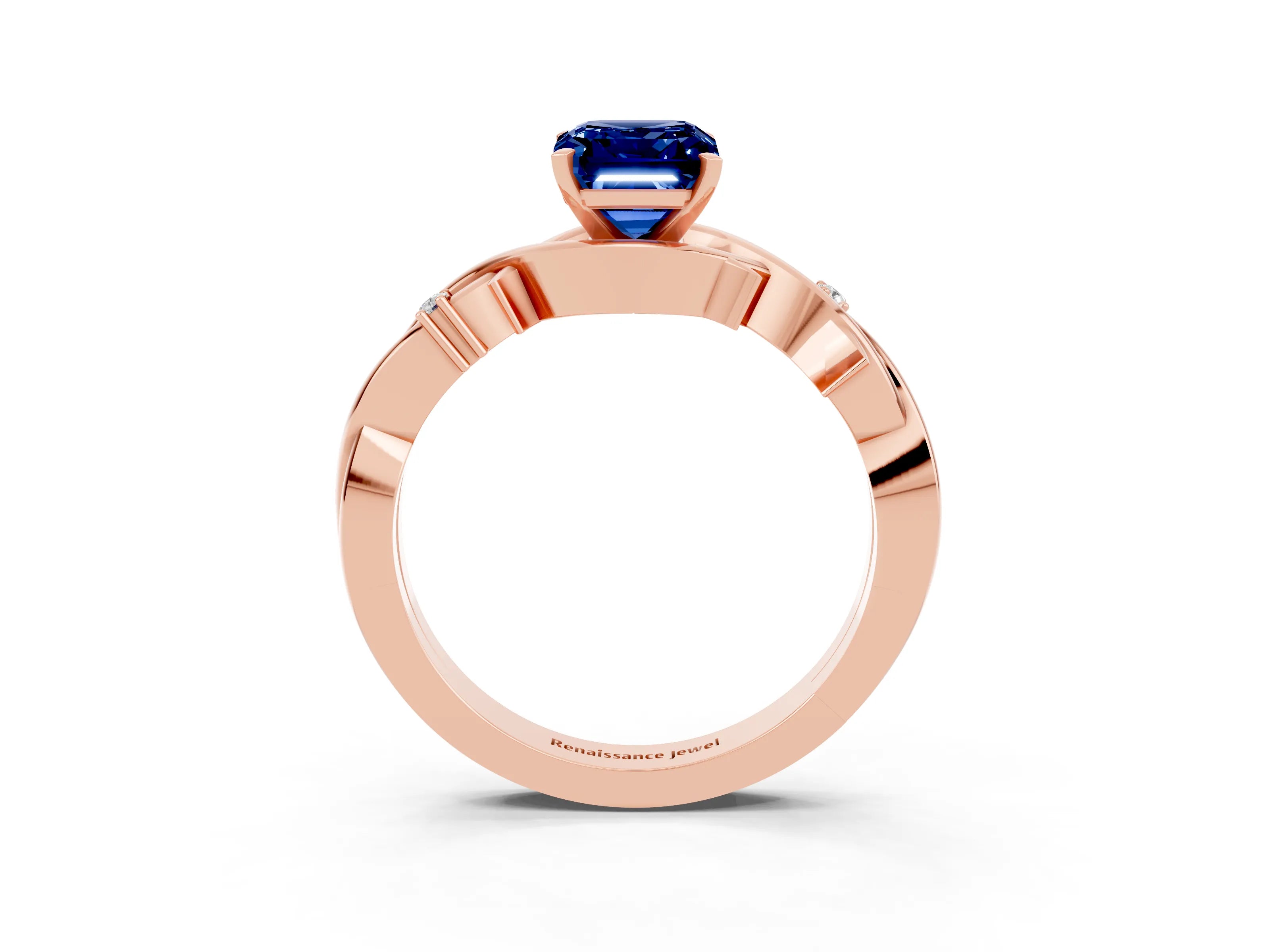 Rose gold Emerald Cut Blue Sapphire Solitaire Ring with Twisted Band and Prong Setting_3